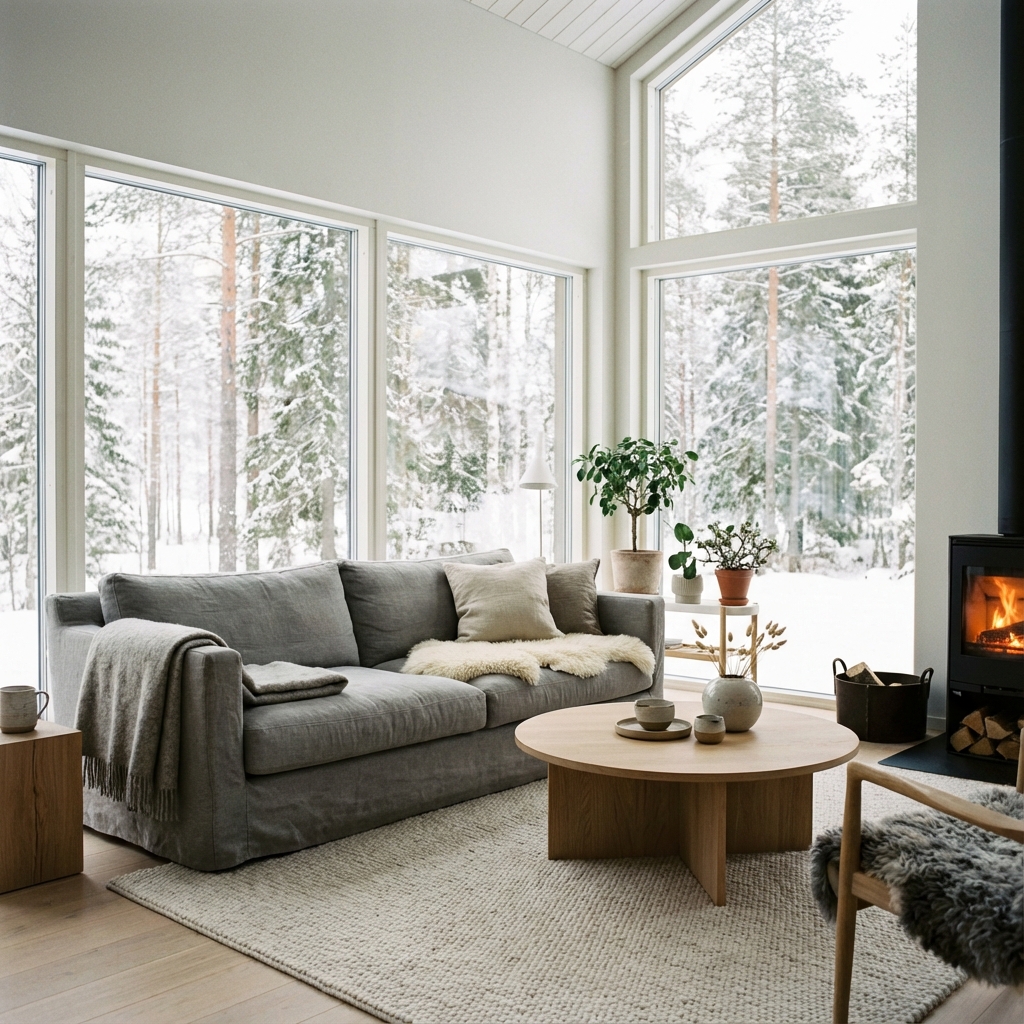 Stue indretning i moderne nordisk stil