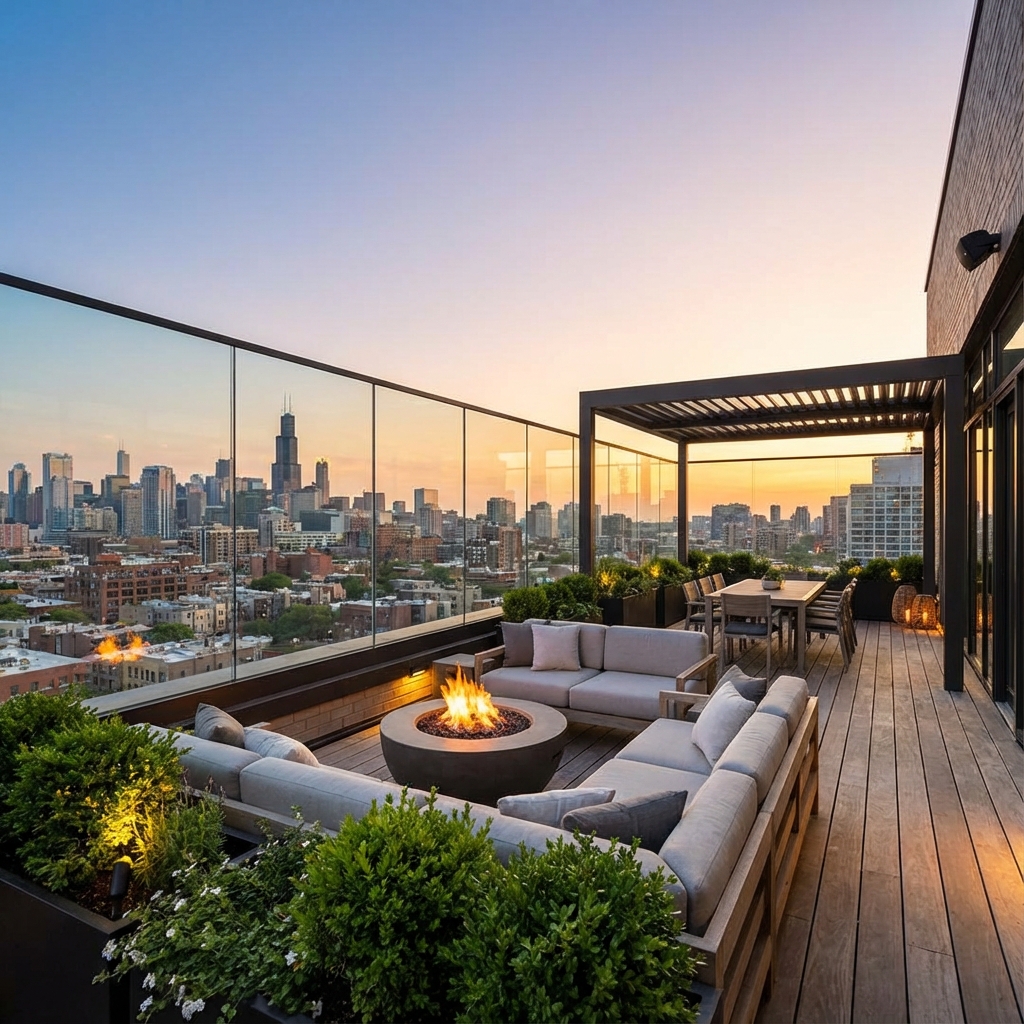 Tagterrasse indretning i moderne nordisk stil